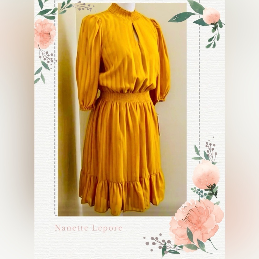 💛 Nanette Lepore High Neck Elastic Waist Dress In Gold Ray-Size 12 NWOT 💛
